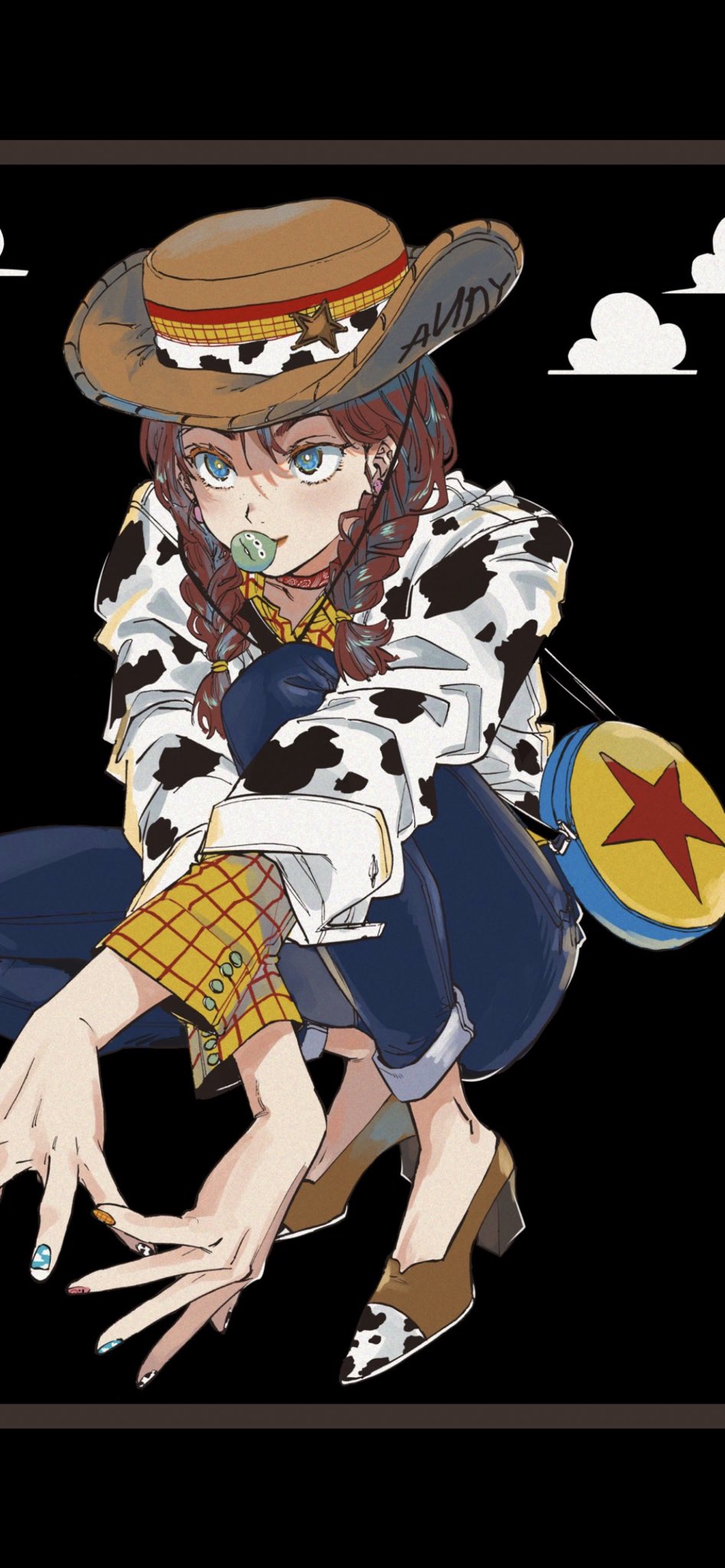 1girl alien_(toy_story) animal_print bag black_background blue_eyes blue_nails blue_pants braid brown_footwear brown_hair closed_mouth cosplay cow_print cowboy_hat cowgirl_(western) earrings full_body hat high_heels highres ichinose_shiki idolmaster idolmaster_cinderella_girls jessie_the_yodeling_cowgirl jessie_the_yodeling_cowgirl_(cosplay) jewelry lips long_sleeves multicolored_nails nail_polish pants plaid_clothes plaid_shirt shirt shoulder_bag solo squatting toy_story twin_braids yellow_nails yellow_shirt yozudami