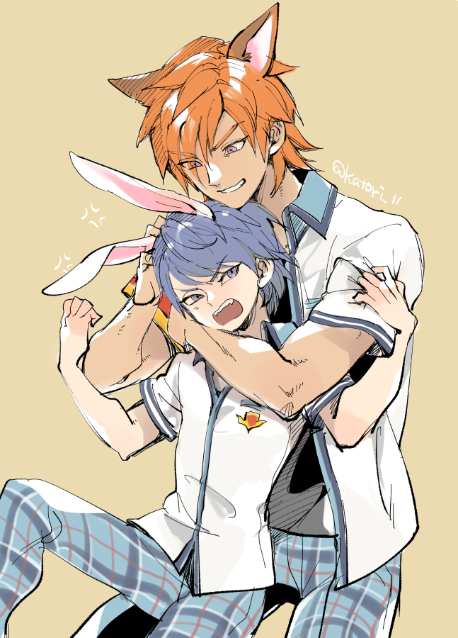 2boys aizel_(dq10) anger_vein animal_ears annoyed armband asfeld_academy_school_uniform black_shirt blue_eyes blue_hair commentary_request cowboy_shot dark-skinned_male dark_skin dragon_quest dragon_quest_x fox_ears grin headlock height_difference katori_(katokichi) knee_up looking_at_another looking_back looking_down male_focus multiple_boys orange_hair pants plaid_clothes plaid_pants purple_eyes rabbit_ears red_armband risoru_(dq10) school_uniform shirt shirt_under_shirt smile twitter_username white_shirt yellow_background