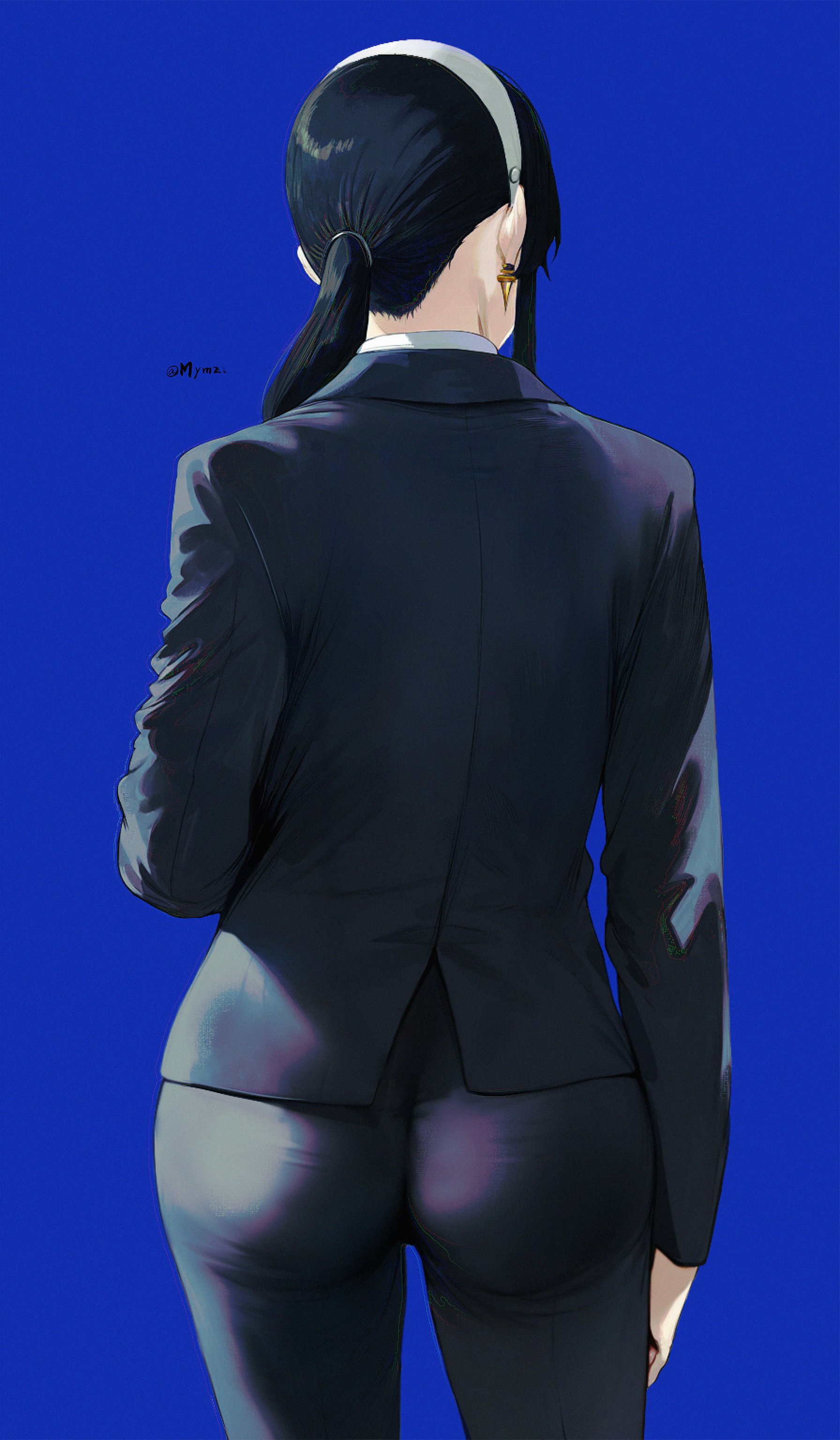 1girl absurdres ass black_jacket black_pants blue_background cowboy_shot earrings facing_away formal_clothes from_behind gold_earrings hairband highres jacket jewelry mymzi pants ponytail simple_background solo spy_x_family suit white_hairband yor_briar