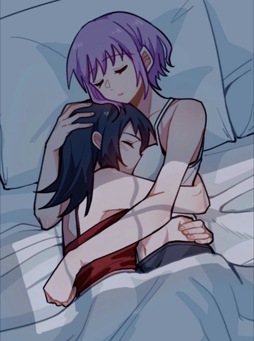 2girls bang_dream! bang_dream!_it&#039;s_mygo!!!!! black_hair camisole closed_eyes cuddling hand_on_another&#039;s_head hand_on_another&#039;s_waist long_hair multiple_girls night on_bed pillow purple_hair red_camisole short_hair under_covers very_long_hair white_camisole xiaowu0074 yahata_umiri yuri yuutenji_nyamu