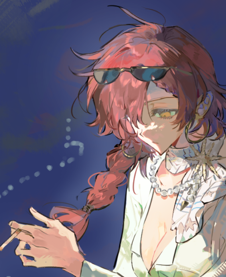 1girl blue_background braid breasts cigarette cleavage earrings eyewear_on_head hair_between_eyes hair_over_one_eye holding holding_cigarette jewelry long_hair long_sleeves looking_down medium_breasts original qyzhiaiyisheng red_hair shirt simple_background single_braid smoking solo sunglasses upper_body white_shirt yellow_eyes