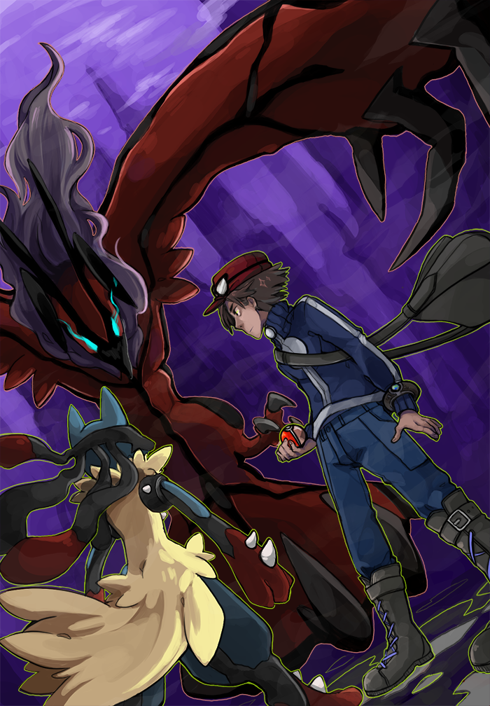 10s 1boy black_hair blue_eyes calem_(pokemon) gen_4_pokemon gen_6_pokemon legendary_pokemon lucario mega_pokemon nintendo poke_ball pokemon pokemon_(creature) pokemon_xy short_hair yveltal