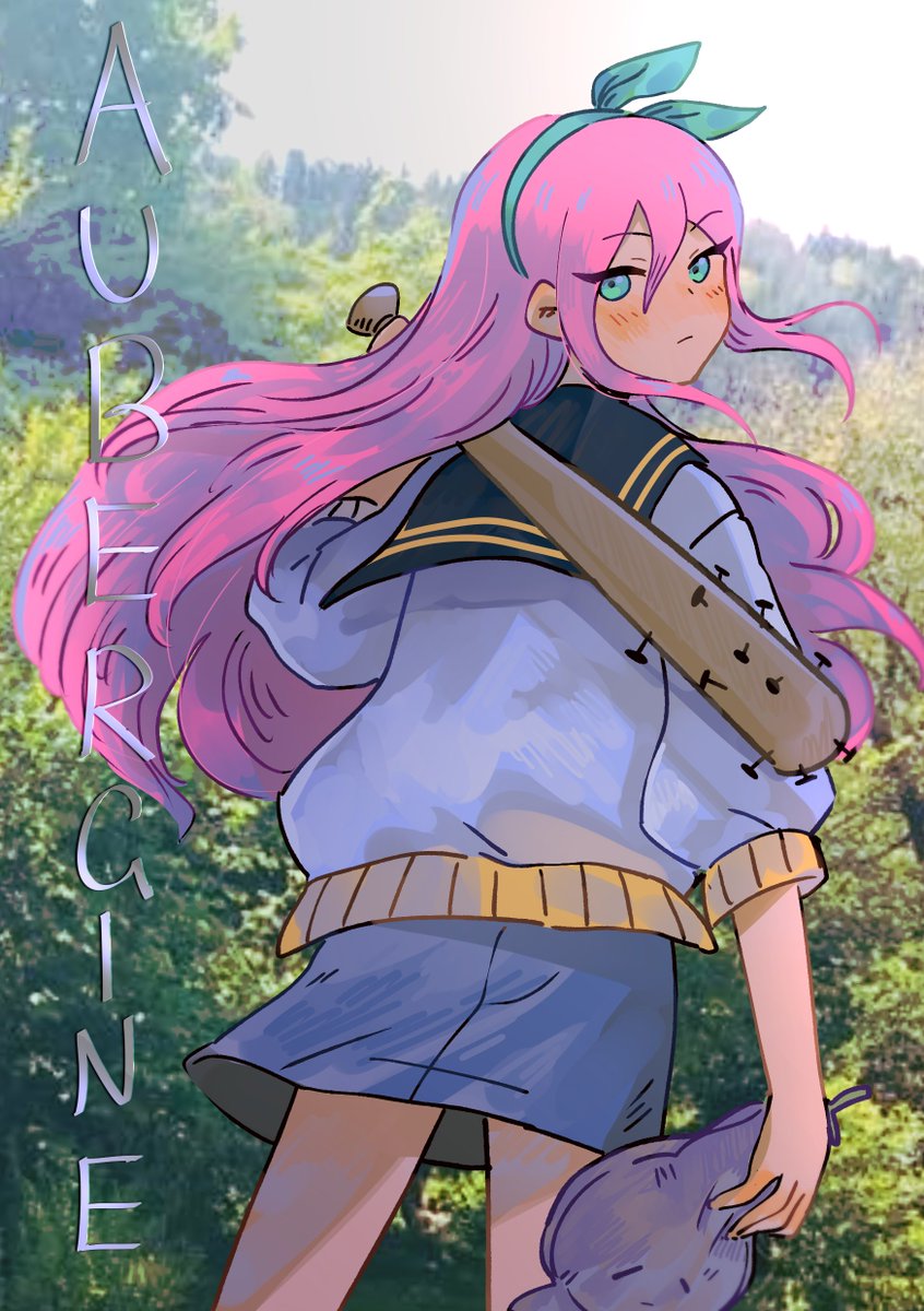 1girl aqua_eyes aqua_hairband aubrey_(faraway)_(omori) aubrey_(omori) baseball_bat black_sailor_collar blue_skirt blush bow_hairband character_name closed_mouth commentary cover cover_page cowboy_shot denim denim_skirt double-parted_bangs english_commentary from_behind hair_between_eyes hairband highres holding holding_baseball_bat holding_stuffed_toy jacket kokomi_(aniesuakkaman) long_hair looking_at_viewer looking_back miniskirt mr._plantegg_(omori) nail nail_(hardware) nail_bat omocat_(style) omori outdoors photo_background puffy_sleeves sailor_collar simple_background skirt solo stuffed_eggplant stuffed_toy white_jacket