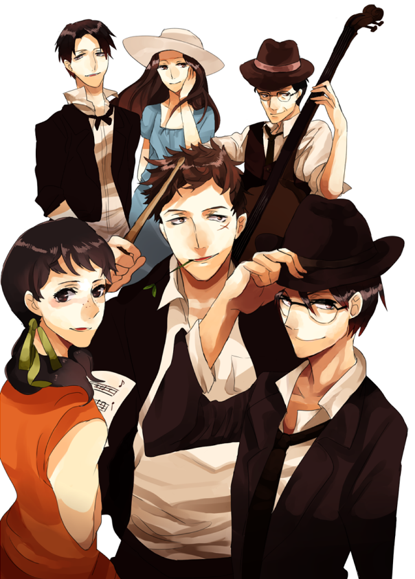 2girls 4boys bad_id bad_pixiv_id beamed_quavers black_hair brown_hair buraunn double_bass dress drumsticks everyone fedora freckles fukahori_yurika glasses hand_on_headwear hat instrument katsuragi_jun&#039;ichi katsuragi_junichi kawabuchi_sentarou long_hair mouth_hold mukae_ritsuko mukae_tsutomu multiple_boys multiple_girls musical_note necktie nishimi_kaoru open_collar quaver sakamichi_no_apollon scar sheet_music smile sun_hat sundress twintails vest
