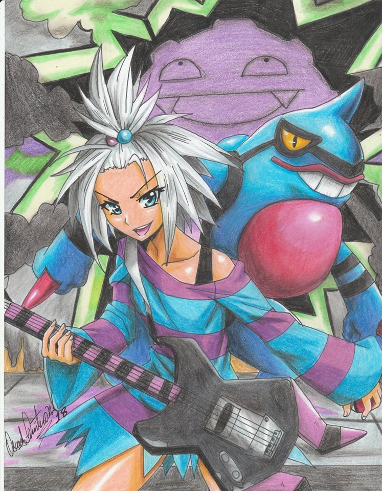 1girl 2018 artist_name blue_dress blue_eyes blue_skin collarbone colored_skin cowboy_shot dress gen_1_pokemon gen_4_pokemon grin guitar holding holding_instrument holding_poke_ball instrument koffing long_sleeves neck nintendo off-shoulder_dress off_shoulder open_mouth poke_ball pokemon pokemon_(creature) pokemon_bw2 purple_dress purple_skin ravernclouk_design roxie_(pokemon) short_hair smile smoke standing striped_clothes striped_dress teeth thighs topknot toxicroak traditional_media two-tone_dress upper_teeth_only white_hair yellow_eyes