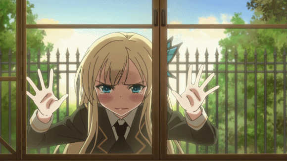10s 1girl against_glass animated animated_gif anime_screenshot blazer blonde_hair blue_eyes blush boku_wa_tomodachi_ga_sukunai bug butterfly butterfly_hair_ornament cloud day female_focus fence from_front from_inside hair_ornament hand_on_glass insect jacket kashiwazaki_sena knocking looking_at_viewer necktie non-web_source outdoors school_uniform sky solo straight-on tearing_up tears tree