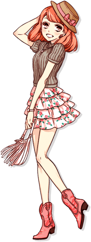 1girl bag boots bow brown_shirt fashion floral_print full_body girls_mode girls_mode_4:_star_stylist handbag hat holding holding_bag looking_at_viewer official_art orange_hair red_boots sakurano_yayoi shirt short_hair short_sleeves skirt solo standing tachi-e third-party_source transparent_background white_bag