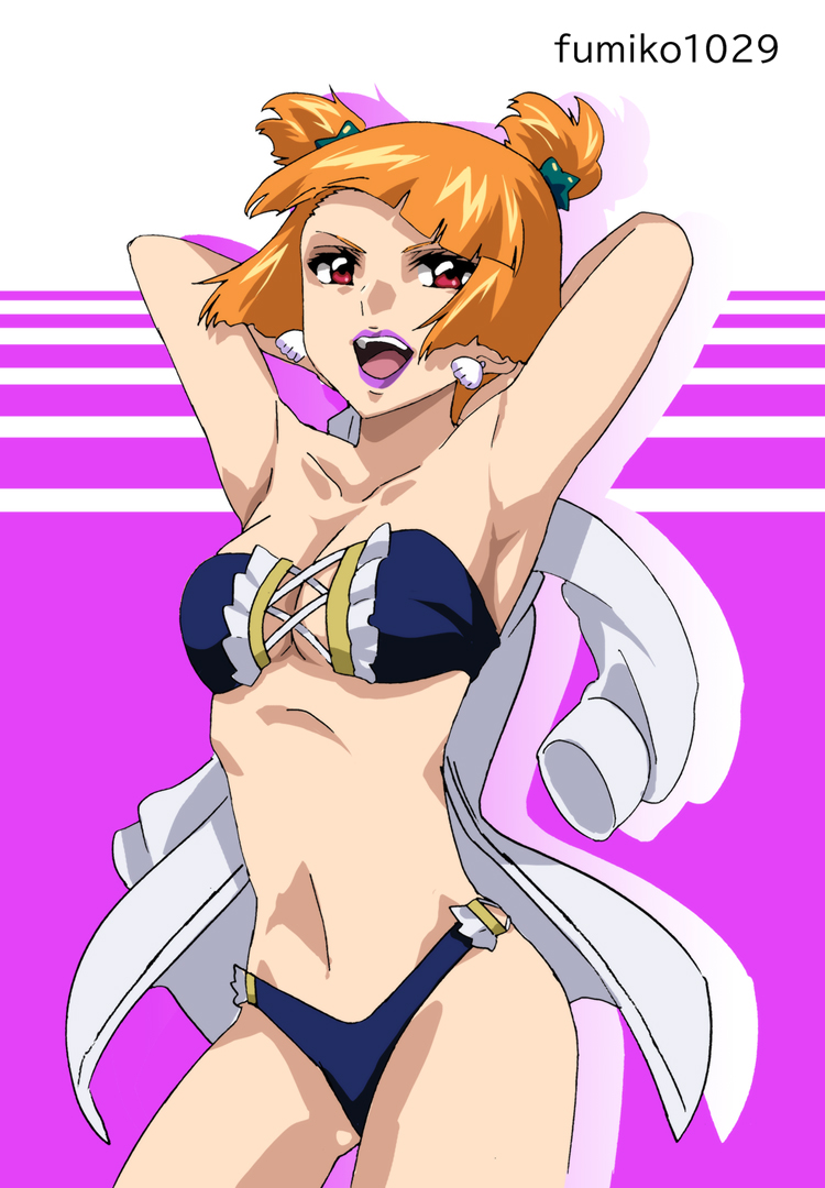 1girl artist_name bikini breasts cleavage earrings fumiko_(mesushi) gundam gundam_seed gundam_seed_freedom hair_ornament jacket jewelry looking_at_viewer orange_hair red_eyes redelard_tradoll shell shell_earrings short_hair smile solo swimsuit unworn_jacket white_jacket