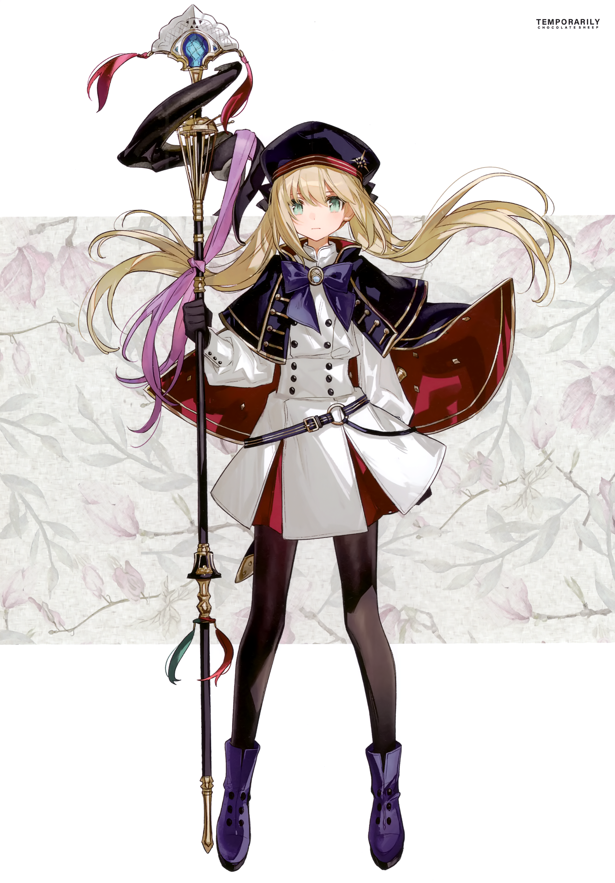 1girl absurdres artoria_caster_(fate) artoria_pendragon_(fate) black_gloves black_pantyhose blonde_hair blue_cape blue_footwear blue_hat blush cape chocoan comiket_99 dress fate/grand_order fate_(series) full_body gloves green_eyes hat highres holding holding_staff long_hair looking_at_viewer pantyhose scan solo staff twintails white_background white_dress