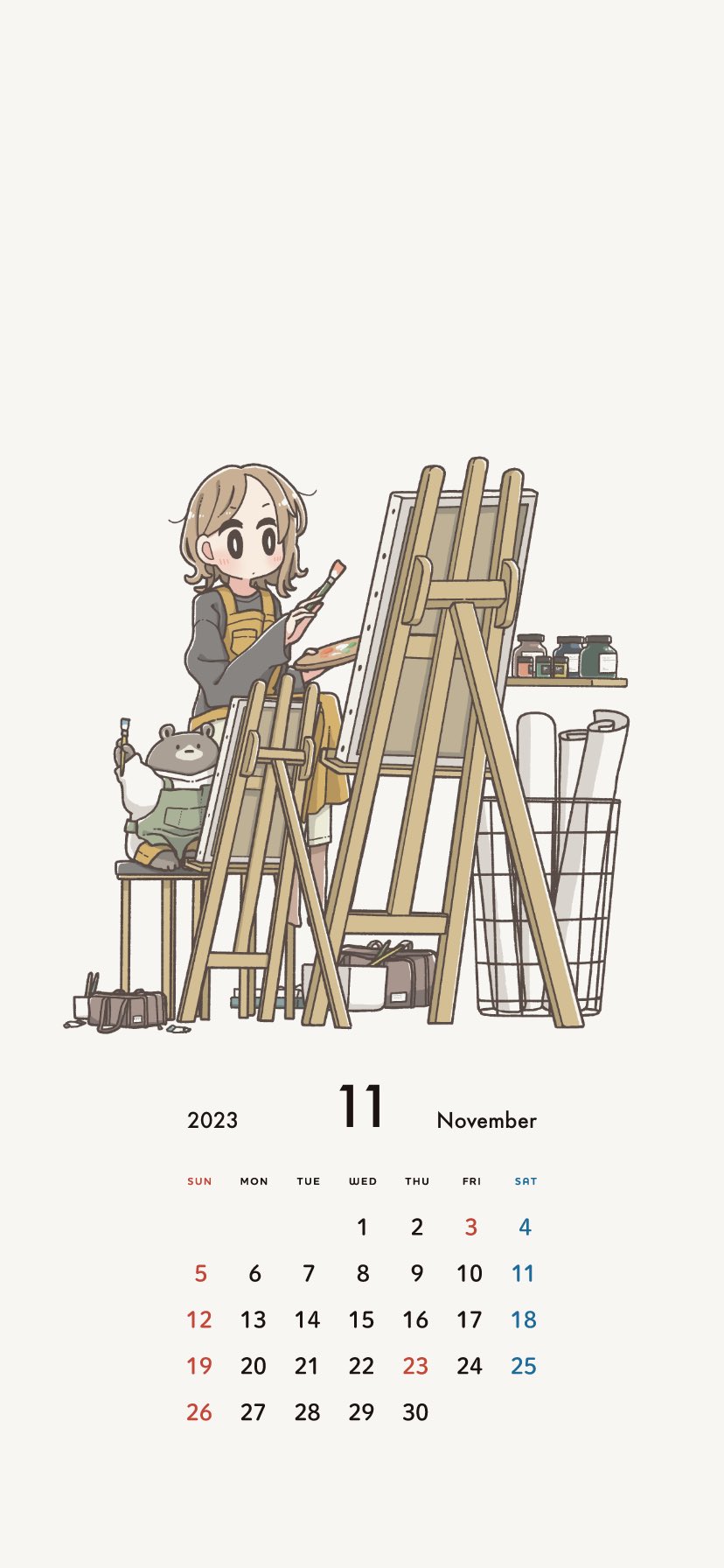1girl apron blush brown_hair calendar_(medium) closed_mouth easel east_sha2 highres holding holding_paint_palette holding_paintbrush holding_paint_palette messy_hair original paint_palette paintbrush paint_palette short_hair sitting solo