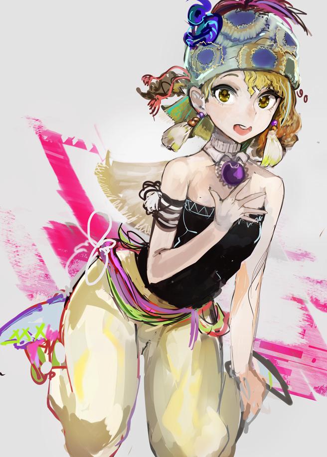 1girl bare_shoulders blonde_hair earrings final_fantasy final_fantasy_vi full_body jewelry looking_at_viewer open_mouth relm_arrowny short_hair solo strapless turban uturo