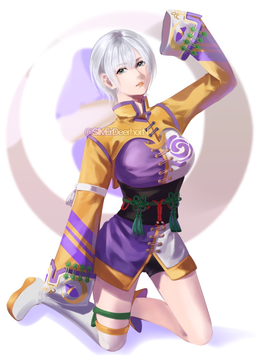 blue_eyes boots dead_or_alive full_body kneeling looking_at_viewer luna_(doa) short_hair silverdeerhorn white_hair