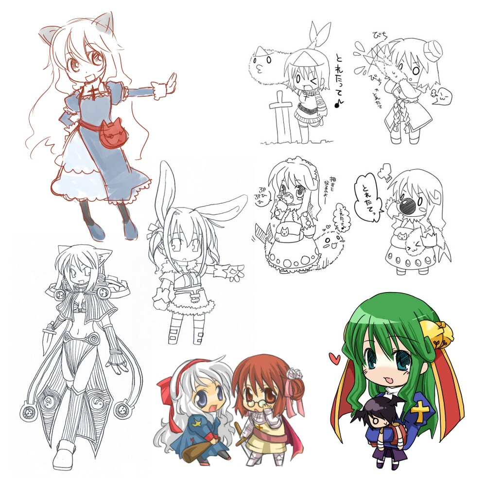 2000s_(style) 6+girls animal_ears armor blue_dress blue_eyes blush brown_eyes brown_hair capelet chainmail chibi chibi_only clown_nose club_(weapon) commentary_request dress eating fake_animal_ears full_body glasses green_hair hair_bun hairband holding holding_club holding_sword holding_weapon hunter_(ragnarok_online) juliet_sleeves knight_(ragnarok_online) long_hair long_sleeves looking_at_viewer merchant_(ragnarok_online) multiple_girls navel nayuruonline one_eye_closed open_mouth pince-nez priest_(ragnarok_online) puffy_sleeves rabbit_ears ragnarok_online red_hairband round_eyewear sage_(ragnarok_online) short_hair simple_background single_side_bun smile sword taekwon_(ragnarok_online) upper_body weapon white_background white_hair