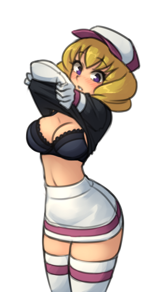 1girl black_bra black_shirt blonde_hair blurry blush bra breasts clothes_lift cowboy_shot domino_(pokemon) female_focus gloves hat large_breasts looking_at_viewer miniskirt monorus nintendo pokemon pokemon_(anime) purple_eyes shirt shirt_lift simple_background skirt solo striped_clothes striped_thighhighs thighhighs underwear undressing white_background white_gloves zettai_ryouiki