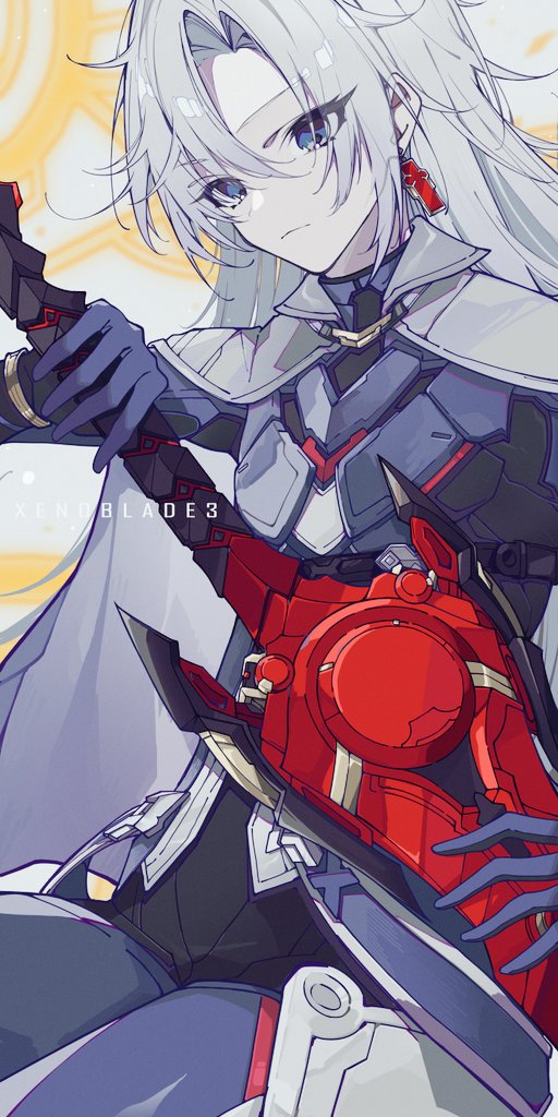 1girl a_(xenoblade) blue_eyes blue_gloves blue_pants blurry blurry_background cape closed_mouth earrings gloves grey_cape grey_hair gugugu_official hair_between_eyes holding holding_sword holding_weapon jewelry monado pale_skin pants parted_bangs single_earring solo sword upper_body weapon xenoblade_chronicles_(series) xenoblade_chronicles_3