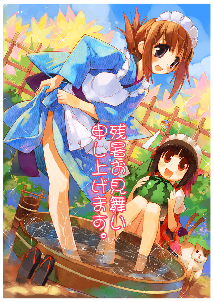 2girls :d apron barefoot brown_hair cat dutch_angle flower food fruit japanese_clothes kimono maid maid_apron momiji_mao multiple_girls open_mouth original purple_eyes red_eyes shoes unworn_shoes sitting smile tub wading water watermelon