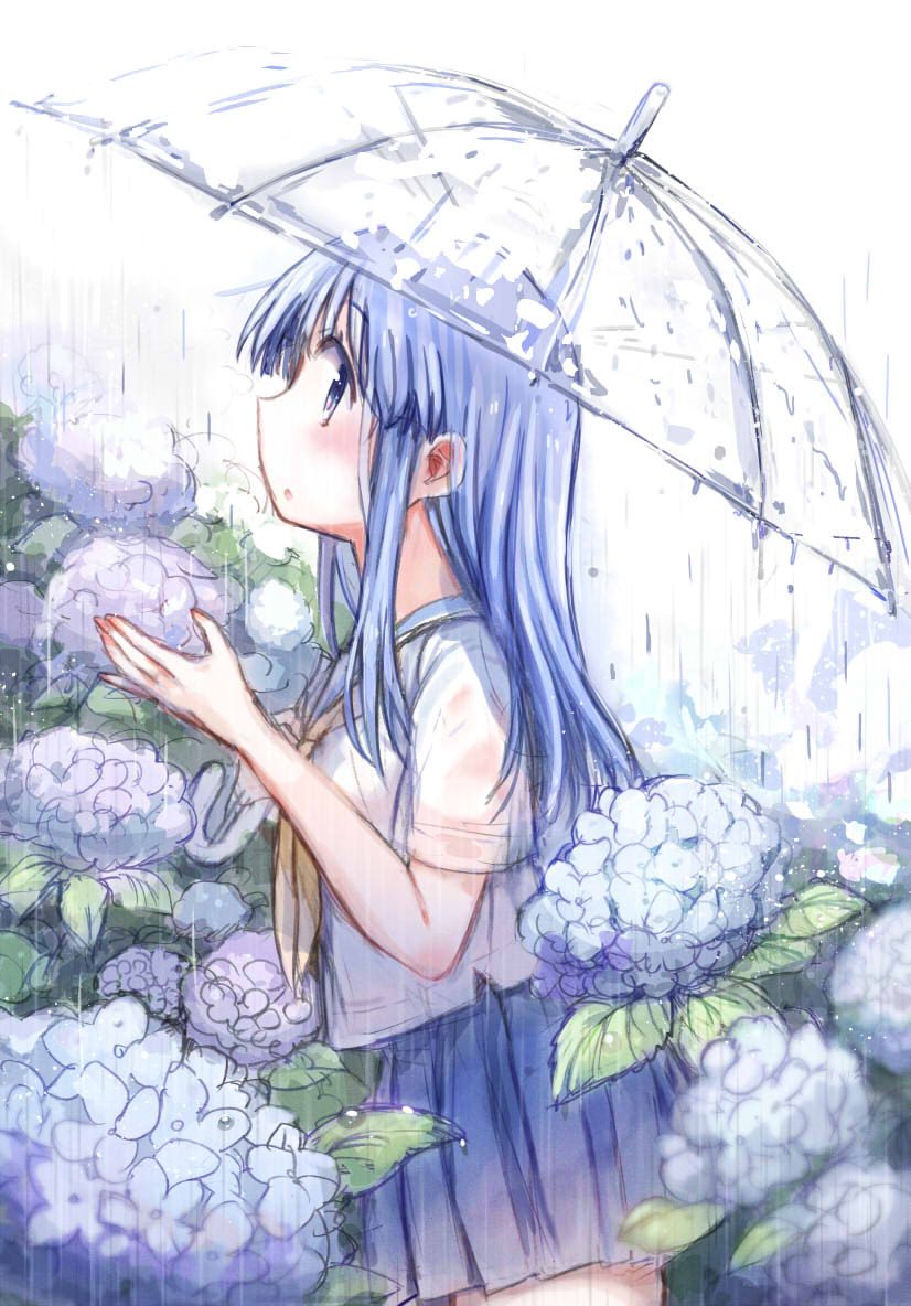 1girl blue_hair blue_sailor_collar blue_skirt blush cowboy_shot flower from_side hinata_yukari holding holding_umbrella long_hair looking_at_viewer looking_to_the_side neckerchief outdoors parted_lips pleated_skirt rain sailor_collar school_uniform serafuku shirt short_sleeves sideways_glance skirt solo standing summer_uniform tatsunokosso transparent transparent_umbrella umbrella white_shirt yellow_neckerchief yuyushiki yuyushiki&#039;s_school_uniform