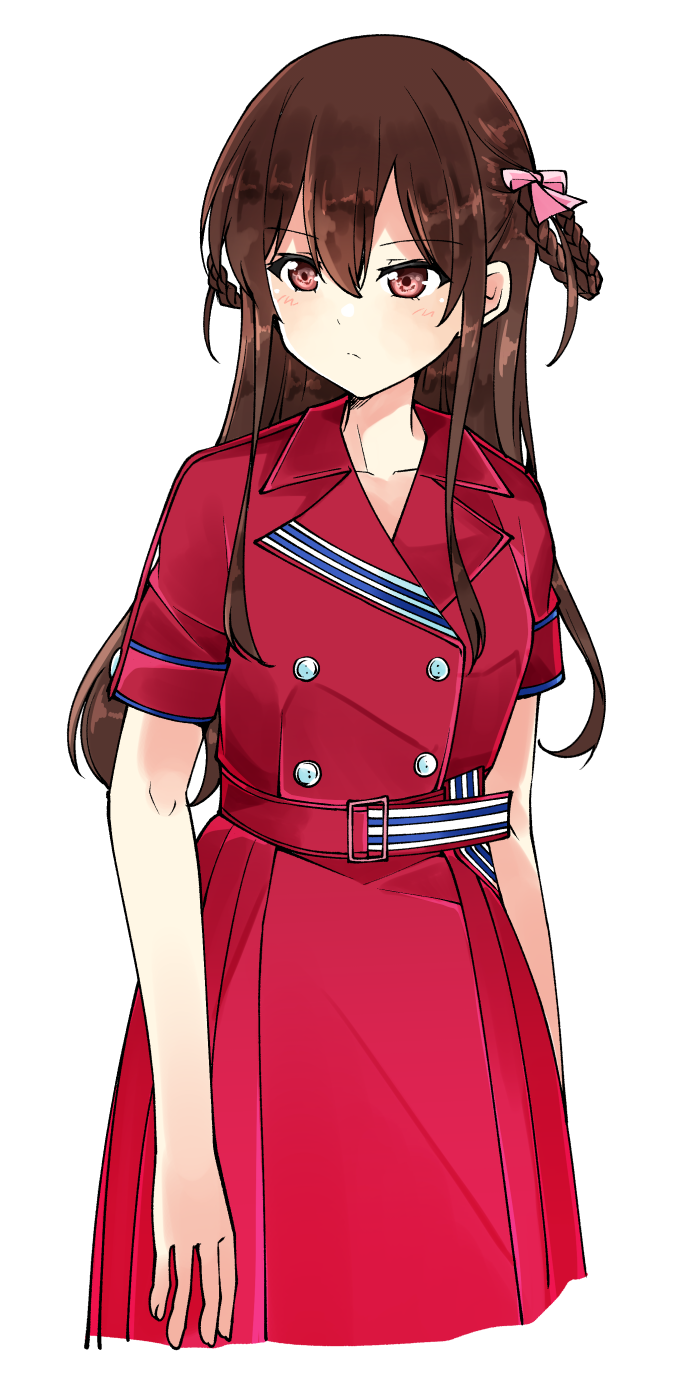 1girl 22/7 belt bow braid braided_hair_rings brown_eyes brown_hair buttons closed_mouth collarbone cowboy_shot double-breasted dress hair_bow hair_rings highres long_hair looking_to_the_side nani_mo_shiteagerarenai pink_bow pleated_dress red_belt red_dress short_sleeves simple_background solo standing tachikawa_ayaka trefle_r twin_braids two_side_up white_background