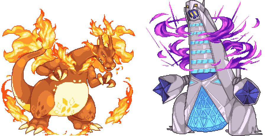 bad_id bad_pixiv_id charizard claws commentary_request dragon duraludon fire flame-tipped_tail gen_1_pokemon gen_8_pokemon gigantamax gigantamax_charizard gigantamax_duraludon k-shiki nintendo no_humans pixel_art pokemon pokemon_(creature) sprite tail transparent_background