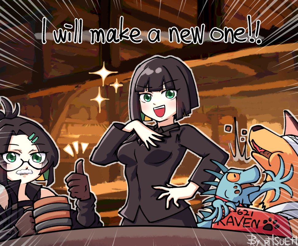 2girls 621_(armored_core_vi) allmind_(armored_core_vi) animal armored_core armored_core_vi:_fires_of_rubicon artist_name beer_mug black_hair bowl commentary cup dog eating english_commentary english_text foam_mustache g5_iguazu_(armored_core_vi) glasses green_eyes hair_ornament hairclip iguana kate_markson mug multiple_girls phsueh smile sparkle thumbs_up