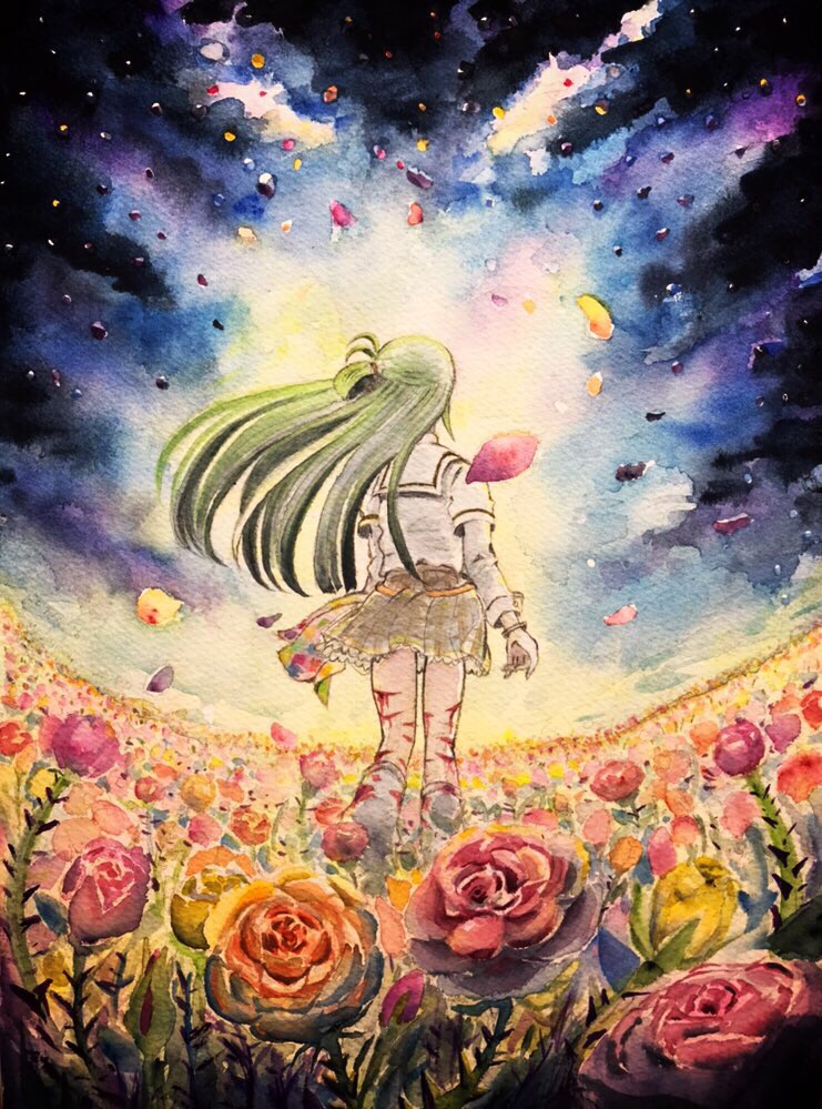 1girl alina_gray arms_at_sides belt blood blunt_ends bracelet brown_belt brown_skirt cleaning_rag cuts facing_away facing_back falling_petals field fisheye flower flower_field from_behind green_hair hair_rings injury jewelry layered_sleeves long_hair long_sleeves loose_socks magia_record:_mahou_shoujo_madoka_magica_gaiden mahou_shoujo_madoka_magica miniskirt multicolored_background orange_flower paint_stains painting_(medium) petals pink_flower plaid_clothes plaid_skirt pleated_skirt rose sakae_general_school_uniform school_uniform shirt short_over_long_sleeves short_sleeves single_hair_ring skirt socks solo standing traditional_media very_long_hair watercolor_(medium) white_shirt white_socks wind wing_collar yae_harura