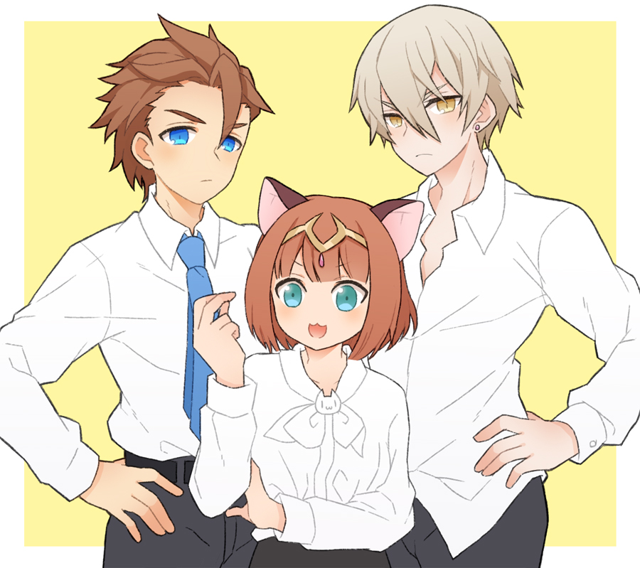1girl 2boys :3 alvin_granford animal_ears aqua_eyes blouse blue_eyes blush bob_cut cat_ears cat_girl circlet earrings hair_between_eyes jewelry mikhail_lancelot multiple_boys necktie panunpa pop-up_story shirt short_hair smile teacher_(female)_(pop-up_story) white_shirt yellow_eyes