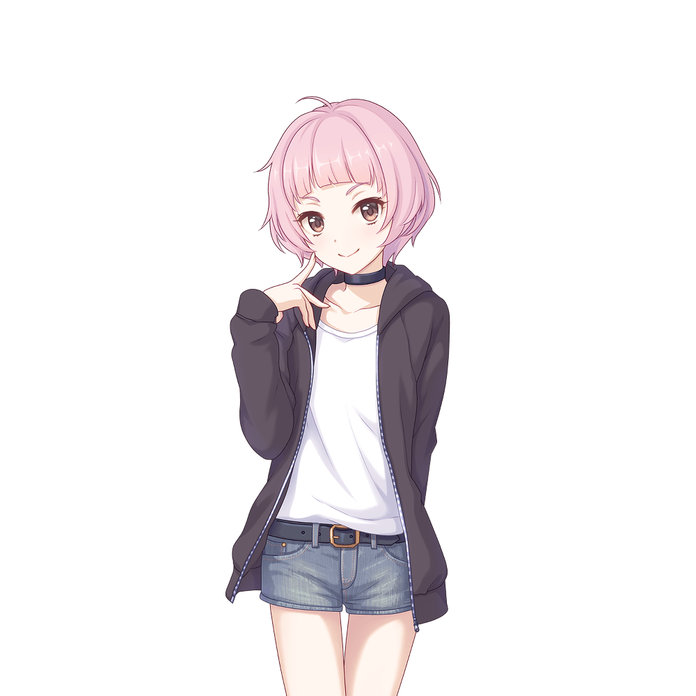 1boy androgynous bare_legs belt black_belt black_choker bob_cut brown_eyes brown_jacket choker finger_to_cheek finger_to_mouth jacket looking_ahead looking_at_viewer male_focus official_art pink_hair princess_connect! shirt short_shorts shorts smile solo tachi-e thighs transparent_background white_shirt yuki_(princess_connect!) yuki_(real)_(princess_connect!)