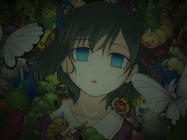1girl ahiru-ko black_hair blue_eyes burmy burmy_(plant) burmy_(sandy) burmy_(trash) butterfree caterpie crossover dress empty_eyes fate/zero fate_(series) gen_1_pokemon gen_2_pokemon gen_3_pokemon gen_4_pokemon gen_5_pokemon hair_ribbon joltik karrablast kricketot matou_sakura metapod nincada nintendo parody pokemon pokemon_(creature) ribbon sedipede sewaddle shelmet short_hair silcoon spinarak swadloon tohsaka_sakura venemoth venomoth weedle