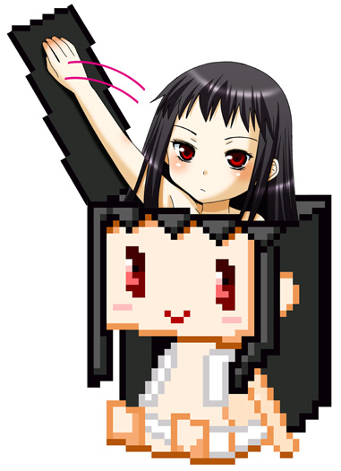 1girl ar_tonelico ar_tonelico_ii black_hair blush female_focus graphig inumori_sayaka jakuri_(ar_tonelico) pixel_art red_eyes solo