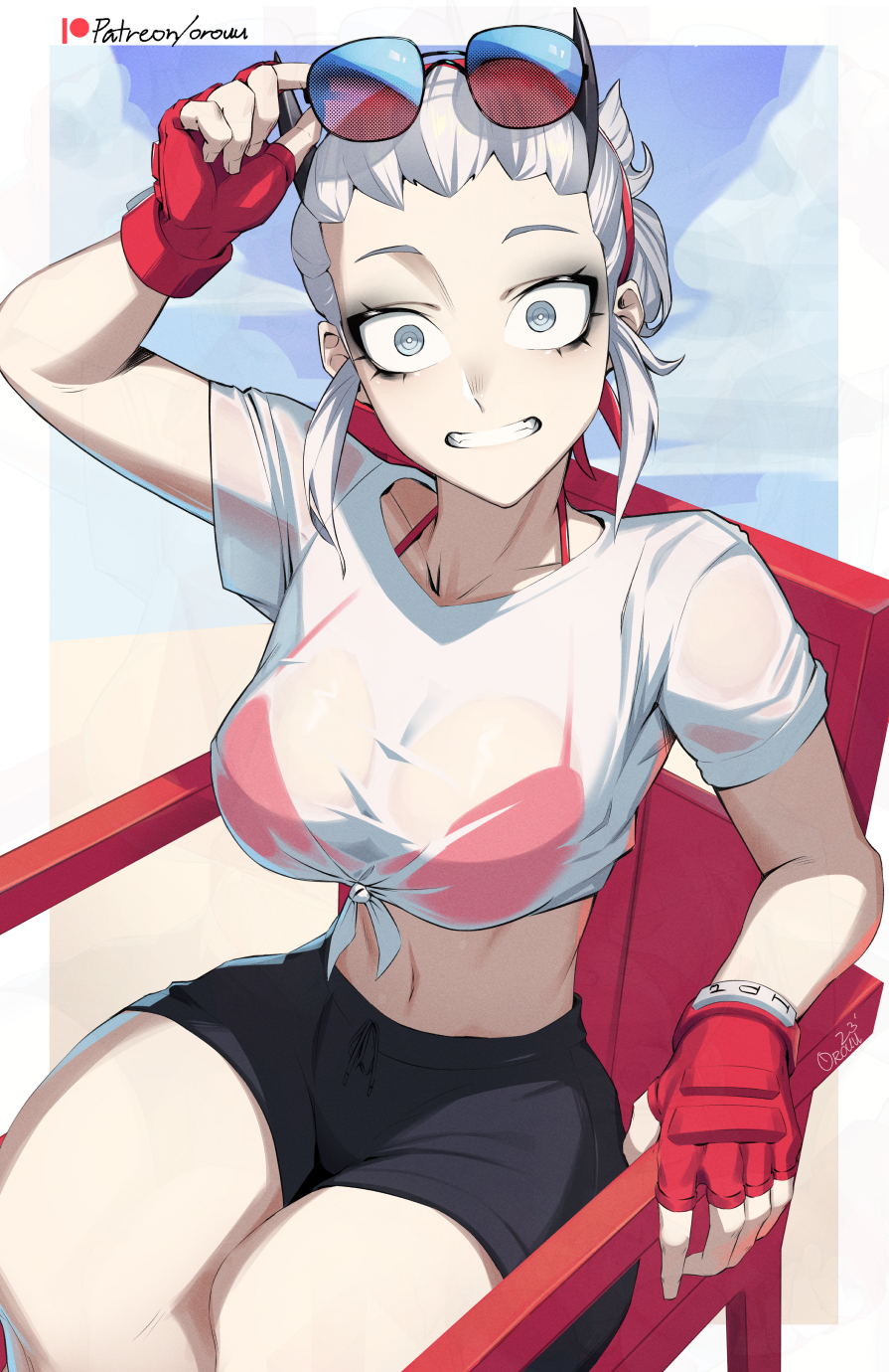 1girl beach border demon demon_girl demon_horns eyewear_on_head unworn_eyewear fingerless_gloves gloves grey_eyes grin helltaker highres horns justice_(helltaker) lifeguard lifeguard_chair orouu outdoors red_gloves see-through_clothes shirt smile solo sunglasses surprised wet wet_clothes wet_shirt white_border
