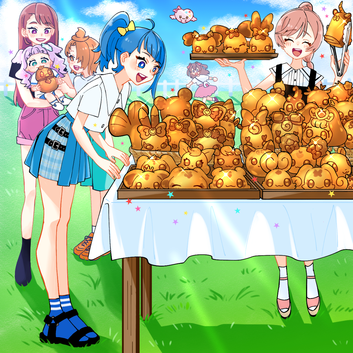 1boy 4girls alternate_hairstyle annotated aroma_(go!_princess_precure) asymmetrical_bangs black_dress black_footwear black_shirt black_socks blouse blue_eyes blue_hair blue_skirt blue_sky blue_socks braid bright_pupils brown_hair candy_(smile_precure!) carrying casual child_carry choppy chypre_(heartcatch_precure!) closed_eyes cloud cloudy_sky coco_(yes!_precure_5) coffret_(heartcatch_precure!) collared_shirt commentary coupe_(heartcatch_precure!) cut_bangs davi_(dokidoki!_precure) day delicious_party_precure denim denim_shorts dokidoki!_precure dress ellee-chan fence flappy food fresh_precure! futari_wa_precure futari_wa_precure_max_heart futari_wa_precure_splash_star fuwa_(precure) go!_princess_precure gurasan_(happinesscharge_precure!) hair_bun hair_over_one_eye hair_over_shoulder happinesscharge_precure! healin'_good_precure heartcatch_precure! hijiri_ageha hirogaru_sky!_precure holding holding_food holding_tray hugtto!_precure hummy_(suite_precure) in-franchise_crossover kirakira_precure_a_la_mode kome-kome kururun_(precure) latte_(precure) leaning_forward long_hair looking_at_another lulun mahou_girls_precure! medium_hair mem-mem_(precure) mepple miniskirt mipple mofurun_(mahou_girls_precure!) multiple_girls nagomi_yui nijigaoka_mashiro nuts_(yes!_precure_5) nyatoran_(precure) orange_hair orange_shoes outdoors pekorin_(precure) pinafore_dress pink_hair pink_sandals pink_shorts plaid_clothes plaid_skirt pleated_skirt porun potpourri_(heartcatch_precure!) precure puff_(go!_princess_precure) purple_eyes purple_hair rakeru_(dokidoki!_precure) rance_(dokidoki!_precure) recipipi red_eyes ribbon_(happinesscharge_precure!) running sandals shadow sharuru_(dokidoki!_precure) shirt shoes short_hair short_shorts short_sleeves shorts side_ponytail single_braid single_sidelock skirt sky sleeveless sleeveless_dress smile smile_precure! sneakers socks sora_harewataru sparkle standing star_(symbol) star_twinkle_precure suite_precure swept_bangs t-shirt table tablecloth tart_(fresh_precure!) ton_(ton39342104) tray tropical-rouge!_precure white_pupils white_shirt wooden_fence yes!_precure_5 yes!_precure_5_gogo! yuunagi_tsubasa yuunagi_tsubasa_(bird)