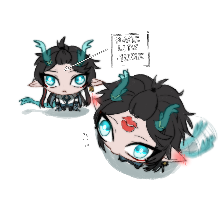 1boy :&lt; aqua_eyes aqua_tail arrow_(symbol) bangs_pinned_back black_hair blush chibi chihuahuarien commentary dan_heng_(honkai:_star_rail) dan_heng_(imbibitor_lunae)_(honkai:_star_rail) ear_blush english_commentary english_text eyeliner from_above full_body honkai:_star_rail honkai_(series) horns lipstick_mark_on_forehead long_hair makeup male_focus meme multiple_views no_nose pants place_lips_here_(meme) pointy_ears red_eyeliner shirt simple_background tail tail_wagging translucent_horns wall-eyed white_background white_shirt