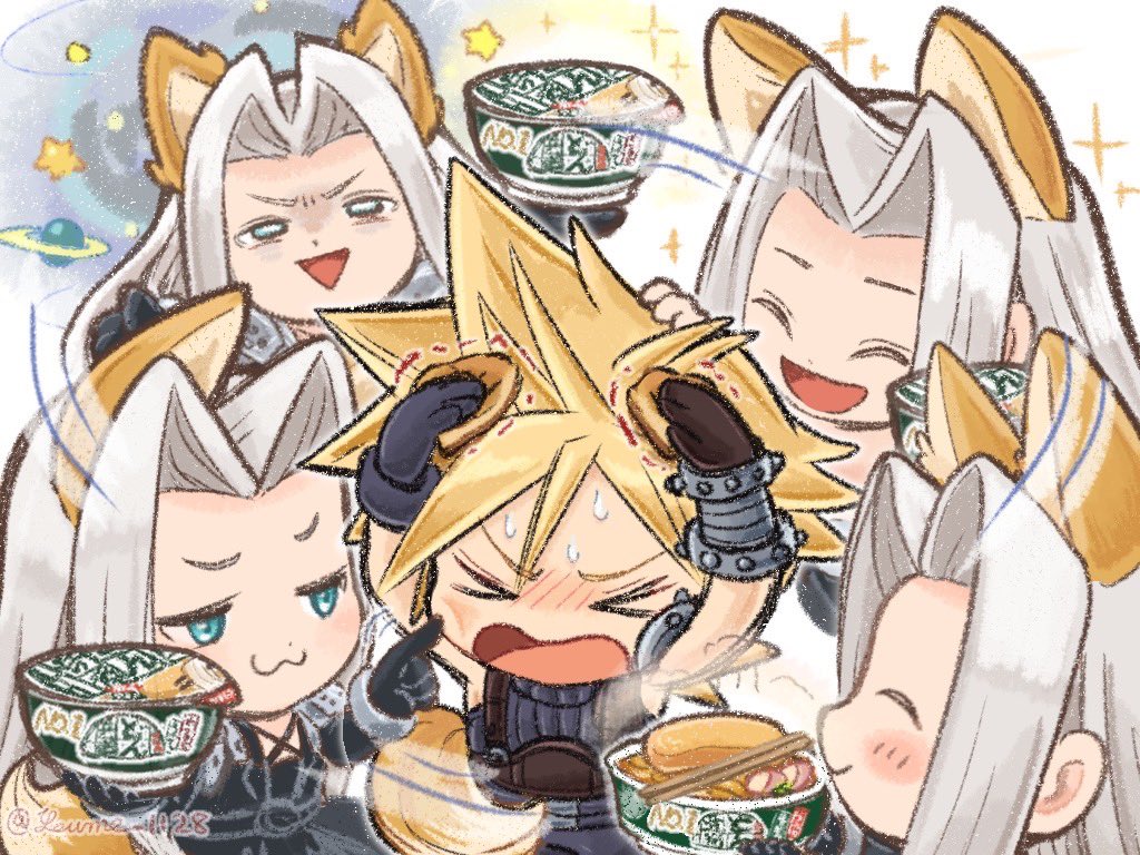 animal_ears chibi cloud_strife donbee_(food) donbei_kitsune_udon final_fantasy final_fantasy_vii final_fantasy_vii_remake fox_ears instant_udon nissin_donbei sephiroth tagme