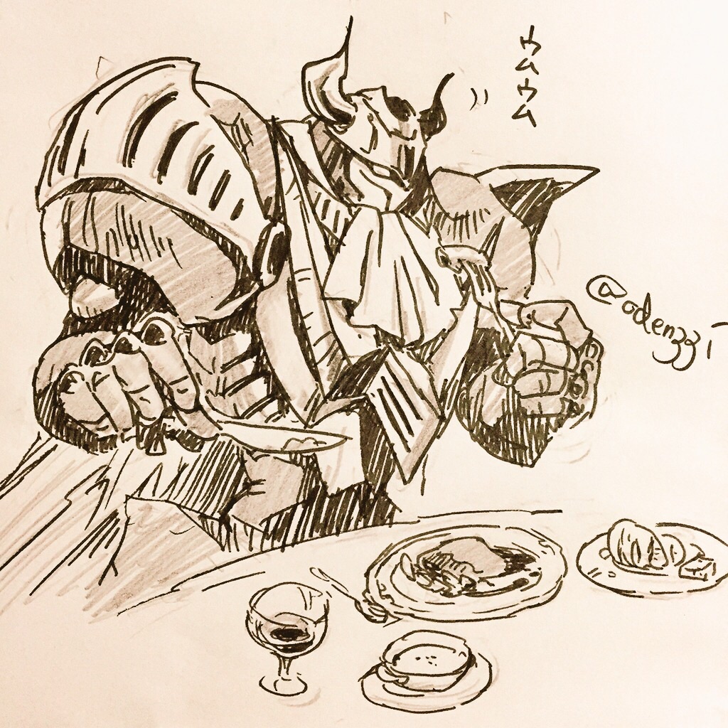 armor dark_knight darkknightmon digimon digimon_(creature) food simple_background solo traditional_media white_background