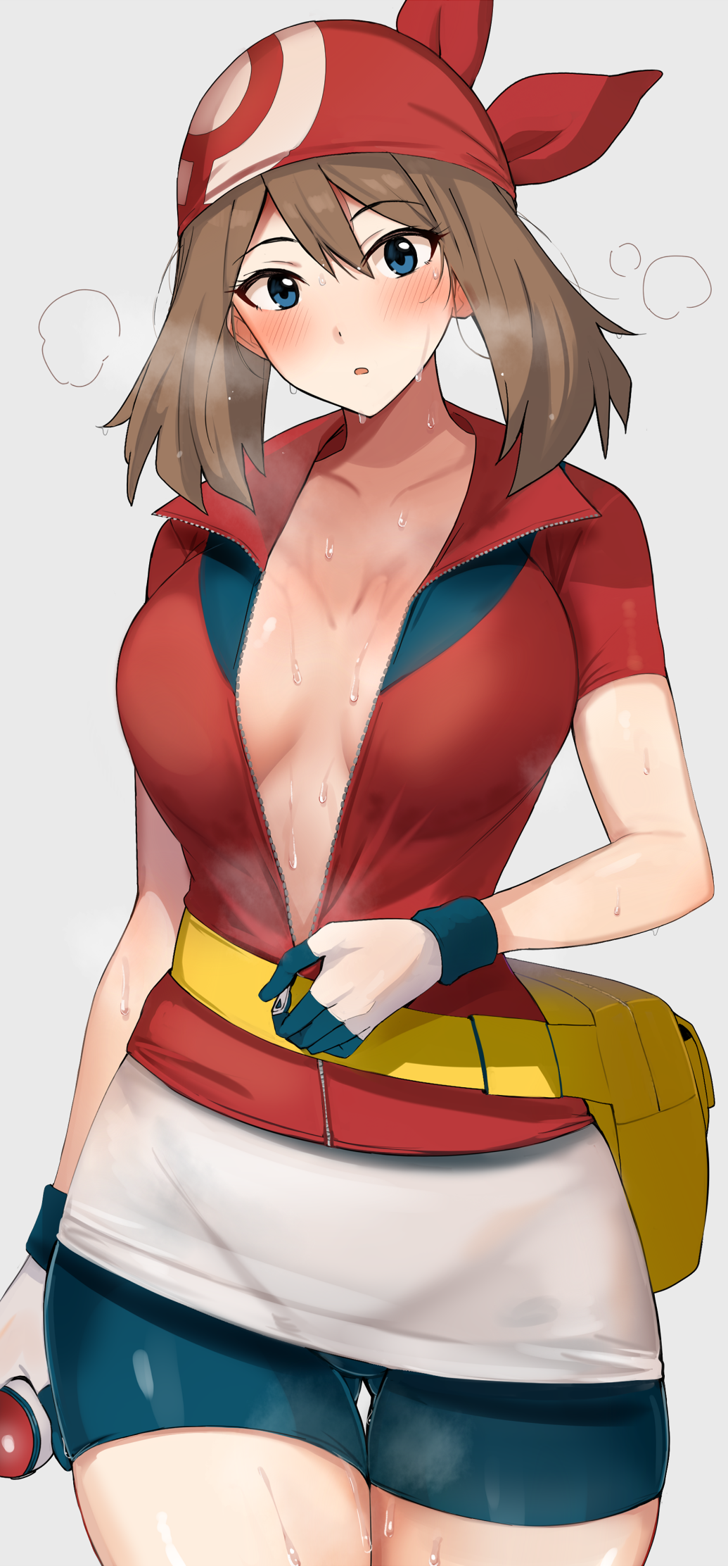:o bike_shorts blush breasts breasts_apart brown_hair collarbone gloves gluteal_fold headscarf highres holding holding_poke_ball jacket large_breasts looking_at_viewer may_(pokemon) mobu nintendo partially_unzipped poke_ball poke_ball_(basic) pokemon pokemon_rse red_jacket red_scarf scarf steam sweatdrop thigh_gap unzipping