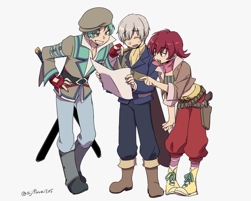1girl 2boys :d asaya_minoru belt belt_buckle black_belt black_footwear black_pants blue_jacket blue_pants boots brown_belt brown_footwear brown_hat brown_jacket buckle newsboy_cap closed_eyes collared_shirt fingerless_gloves fingernails gloves green_hair grey_background grey_eyes grey_hair grin gun hair_between_eyes hand_on_own_hip hat holding holster holstered iria_animi jacket katana lace-up_boots leaning_forward long_sleeves midriff multiple_boys navel open_clothes open_jacket open_mouth pants pointing red_eyes red_gloves red_hair red_pants ruca_milda sheath sheathed shirt shoes sideways_hat simple_background smile spada_belforma standing striped sword tales_of_(series) tales_of_innocence teeth twitter_username upper_teeth_only vertical_stripes weapon weapon_on_back white_shirt yellow_shoes