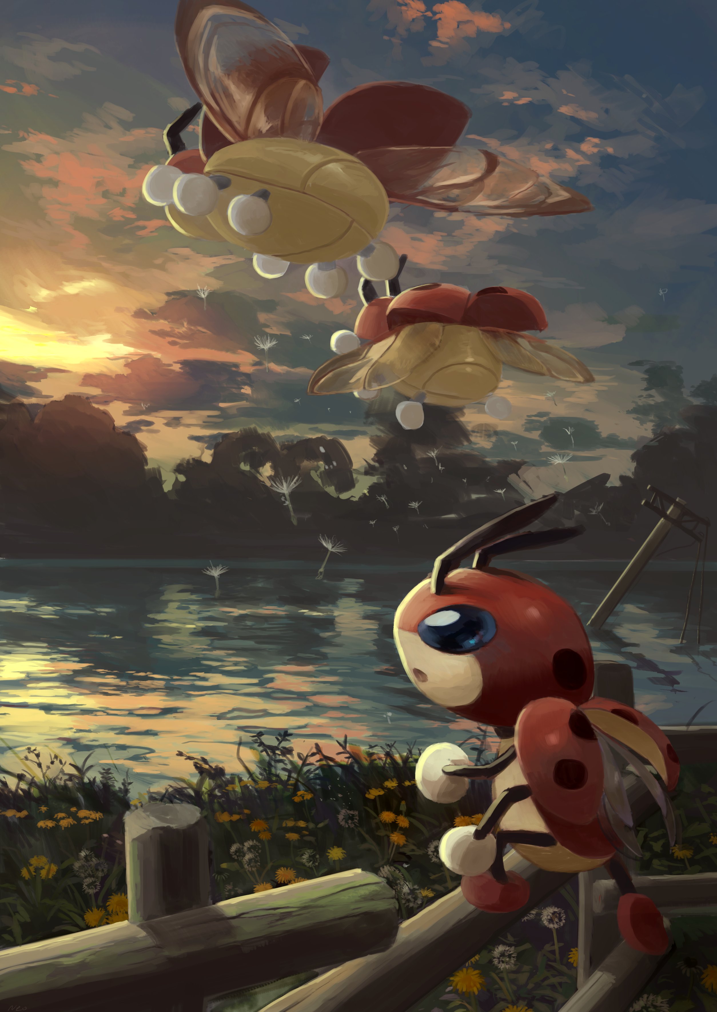 absurdres blue_eyes commentary_request dandelion_seed evolutionary_line fence flower flying gen_2_pokemon grass highres king_joe_(neoroto) lake ledian ledyba looking_up nintendo no_humans open_mouth outdoors pokemon pokemon_(creature) sunset water