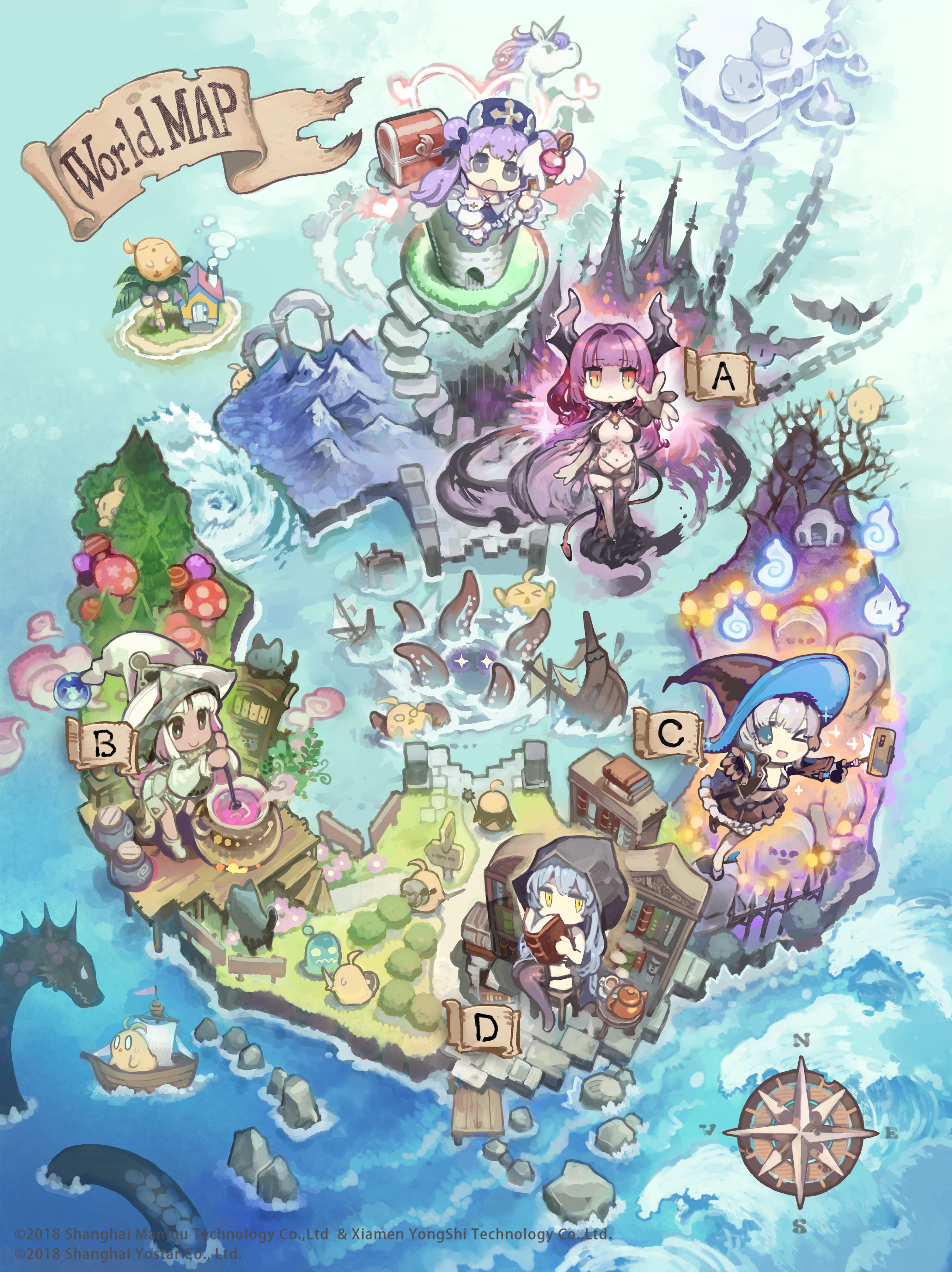 5girls absurdres arkhangelsk_(azur_lane) arkhangelsk_(supporting_sorceress)_(azur_lane) azur_lane black_hat boat bookshelf cauldron cellphone chibi compass demon_horns devonshire_(azur_lane) devonshire_(sadistic_demon)_(azur_lane) forest graveyard hat highres holding holding_staff horns ice jade_(a_good_girl&#039;s_magic)_(azur_lane) jade_(azur_lane) konno_takashi manjuu_(azur_lane) multiple_girls mushroom nature nubian_(azur_lane) nubian_(normal_potion_maker)_(azur_lane) official_alternate_costume official_art phone purple_hair selfie_stick shipwreck smartphone staff tentacles tombstone unicorn_(azur_lane) unicorn_(snow_white_guardian_angel)_(azur_lane) water watercraft waves white_hat witch_hat