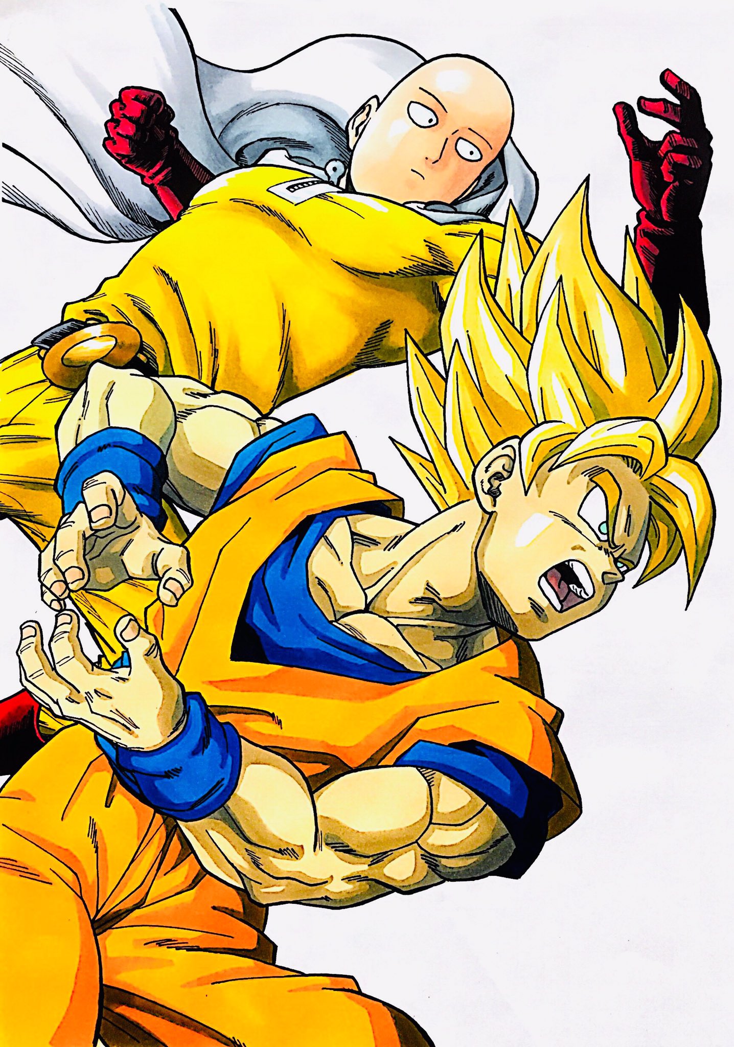 2boys aqua_eyes bald blonde_hair cape clenched_hand crossover dougi dragon_ball dragonball_z expressionless gloves highres lee_(dragon_garou) male_focus marker_(medium) multiple_boys muscular one-punch_man open_mouth red_gloves saitama_(one-punch_man) serious son_goku super_saiyan super_saiyan_1 traditional_media wristband