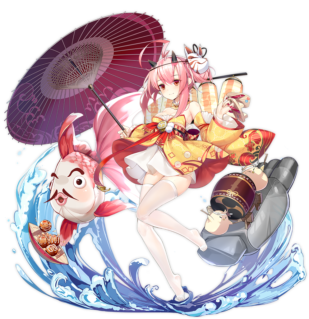 1girl ahoge alternate_costume azur_lane barefoot boat breasts carp cleavage detached_sleeves drum facial_hair fish food fox_mask full_body hair_bun holding holding_unworn_clothes holding_footwear holding_umbrella holding_unworn_clothes horns ikazuchi_(azur_lane) ikazuchi_(thunderous_festival)_(azur_lane) instrument japanese_clothes kimono lantern manjuu_(azur_lane) mask mask_on_head mustache official_alternate_costume oil-paper_umbrella oni_horns ootsuki_momiji paper_lantern sandals see-through_clothes shoes side_bun sidelocks single_hair_bun single_side_bun solo_focus tachi-e taiko_drum takoyaki thighhighs torpedo_tubes transparent_background umbrella unworn_footwear unworn_sandals unworn_shoes watercraft waves white_thighhighs wide_sleeves yellow_kimono zettai_ryouiki zouri