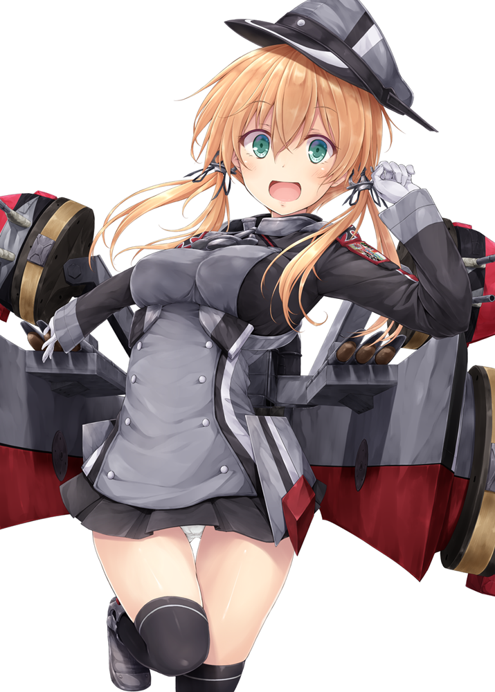 10s 1girl anchor_hair_ornament black_legwear black_skirt blonde_hair female_focus gloves green_eyes hair_ornament hat kantai_collection leg_up long_hair looking_at_viewer military military_uniform open_mouth panties peaked_cap pleated_skirt prinz_eugen_(kancolle) skirt solo suien twintails underwear white_background white_gloves white_panties