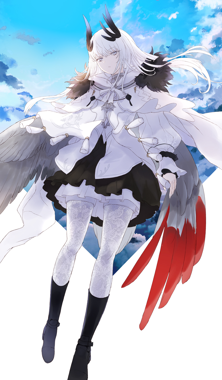 1girl black_boots black_skirt boots cape day female_focus full_body fur_trim grey_eyes highres kachi knee_boots liv_(pixiv_fantasia_last_saga) long_hair long_sleeves looking_at_viewer outdoors pantyhose pixiv_fantasia pixiv_fantasia_last_saga skirt solo standing white_cape white_hair white_pantyhose wings