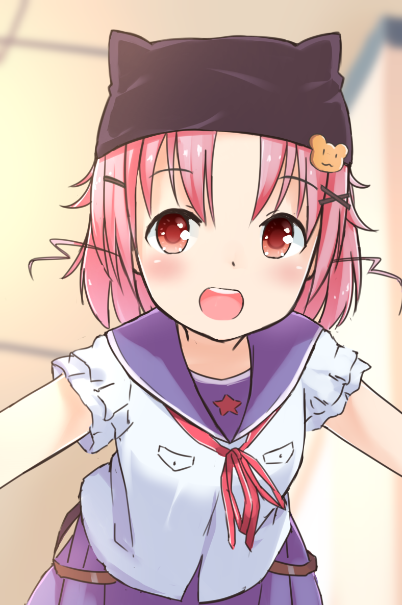 1girl 53c_(ray_cordova) :d animal_hood bear_hair_ornament black_hat blue_skirt blush cat_hood female_focus gakkou_gurashi! hair_ornament hat hood looking_at_viewer miniskirt neck_ribbon open_mouth outstretched_arms pink_hair pleated_skirt red_eyes red_ribbon ribbon school_uniform shirt short_hair short_sleeves skirt smile solo standing takeya_yuki white_shirt