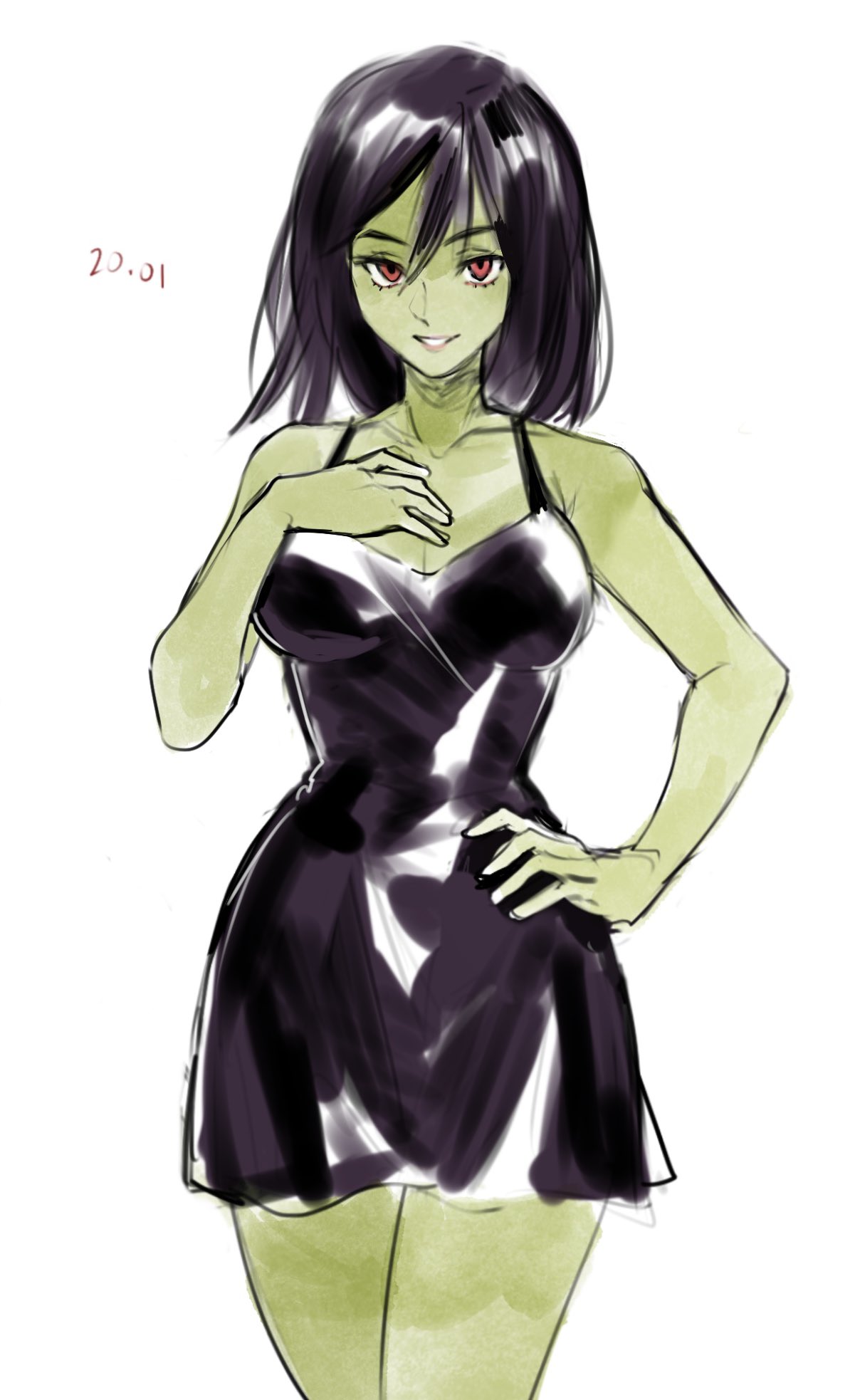 1girl animification aubz banjo-kazooie black_dress breasts cleavage collarbone commentary dress english_commentary gruntilda_winkybunion hair_between_eyes hand_on_own_chest hand_on_own_hip highres medium_breasts medium_hair orange_eyes parted_lips smile solo white_background