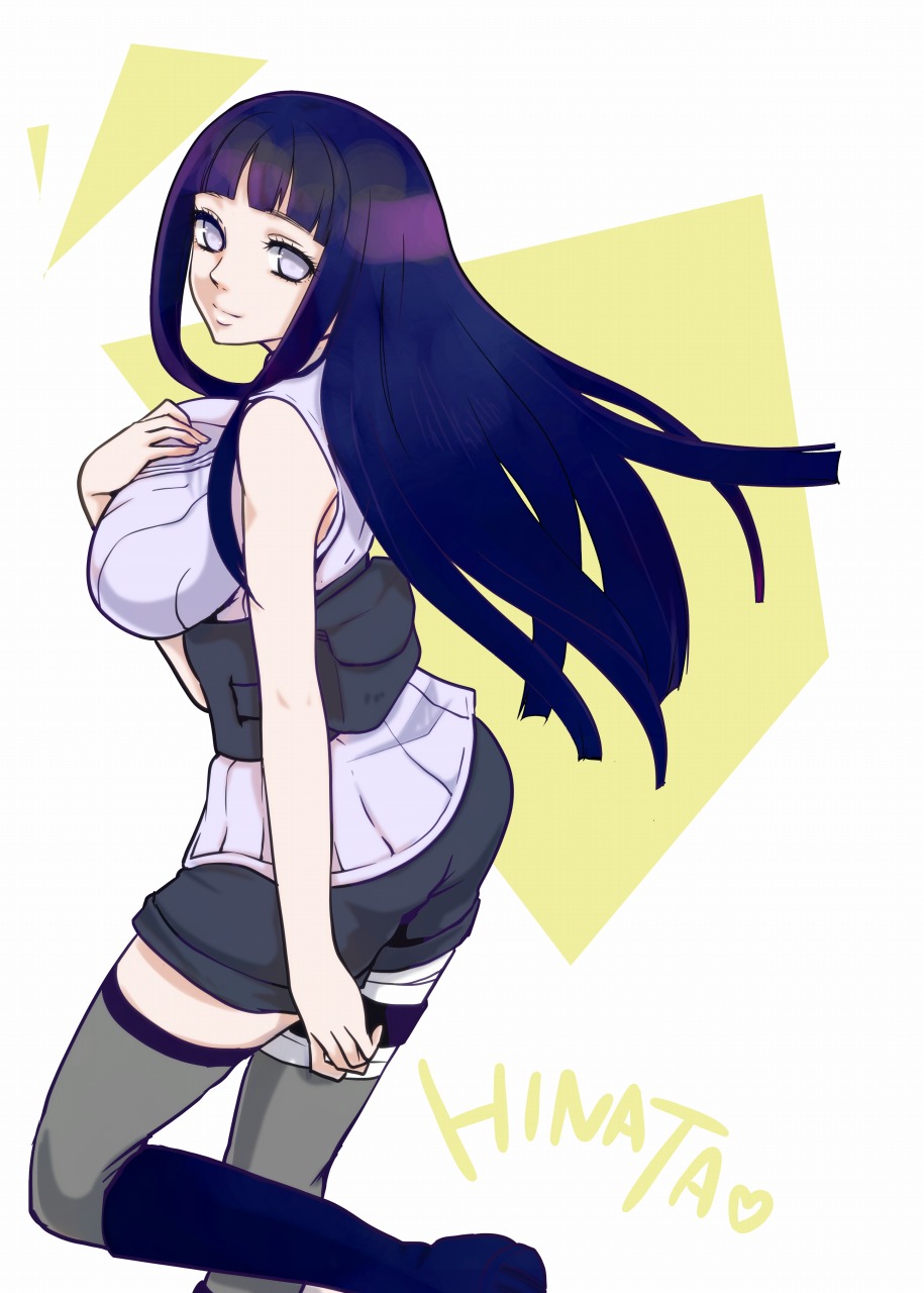 1girl black_shorts black_thighhighs boots boruto:_naruto_the_movie breasts character_name closed_mouth highres hime_cut hyuuga_hinata large_breasts long_hair looking_at_viewer margaritaiduki naruto_(series) ninja purple_hair shirt shorts simple_background sleeveless sleeveless_shirt smile solo thighhighs white_background white_eyes