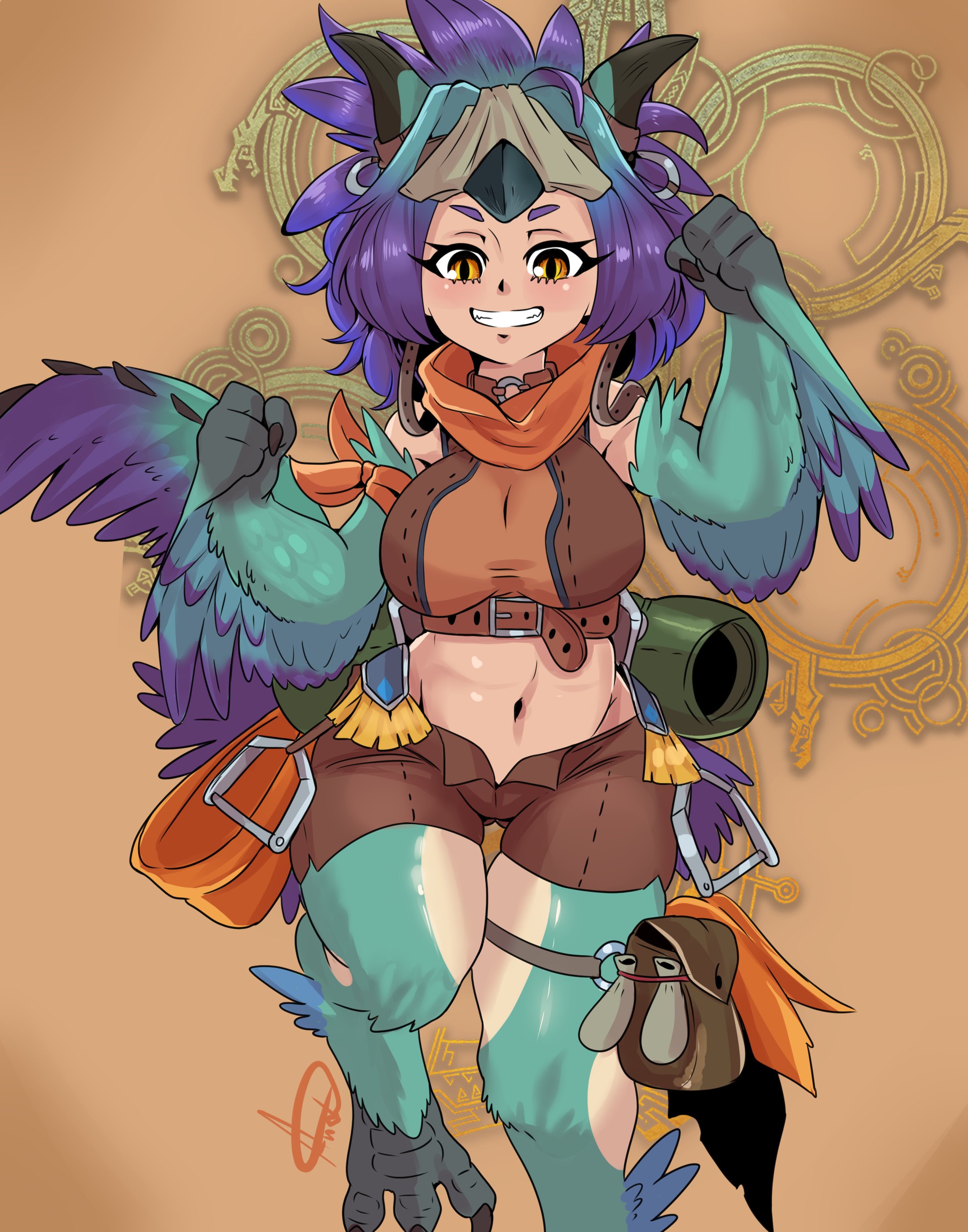 1girl a.c._hunter absurdres blush breasts choker commentary crop_top digitigrade english_commentary feathers green_feathers green_hair grin harpy highres large_breasts leather_belt leather_shorts looking_at_viewer medium_hair midriff monster_girl monster_hunter_(series) navel o-ring o-ring_choker o-ring_thigh_strap open_fly partially_feathered_tail personification purple_feathers purple_wings seikret_(monster_hunter) smile standing standing_on_one_leg talons thigh_strap two-tone_wings wings yellow_eyes