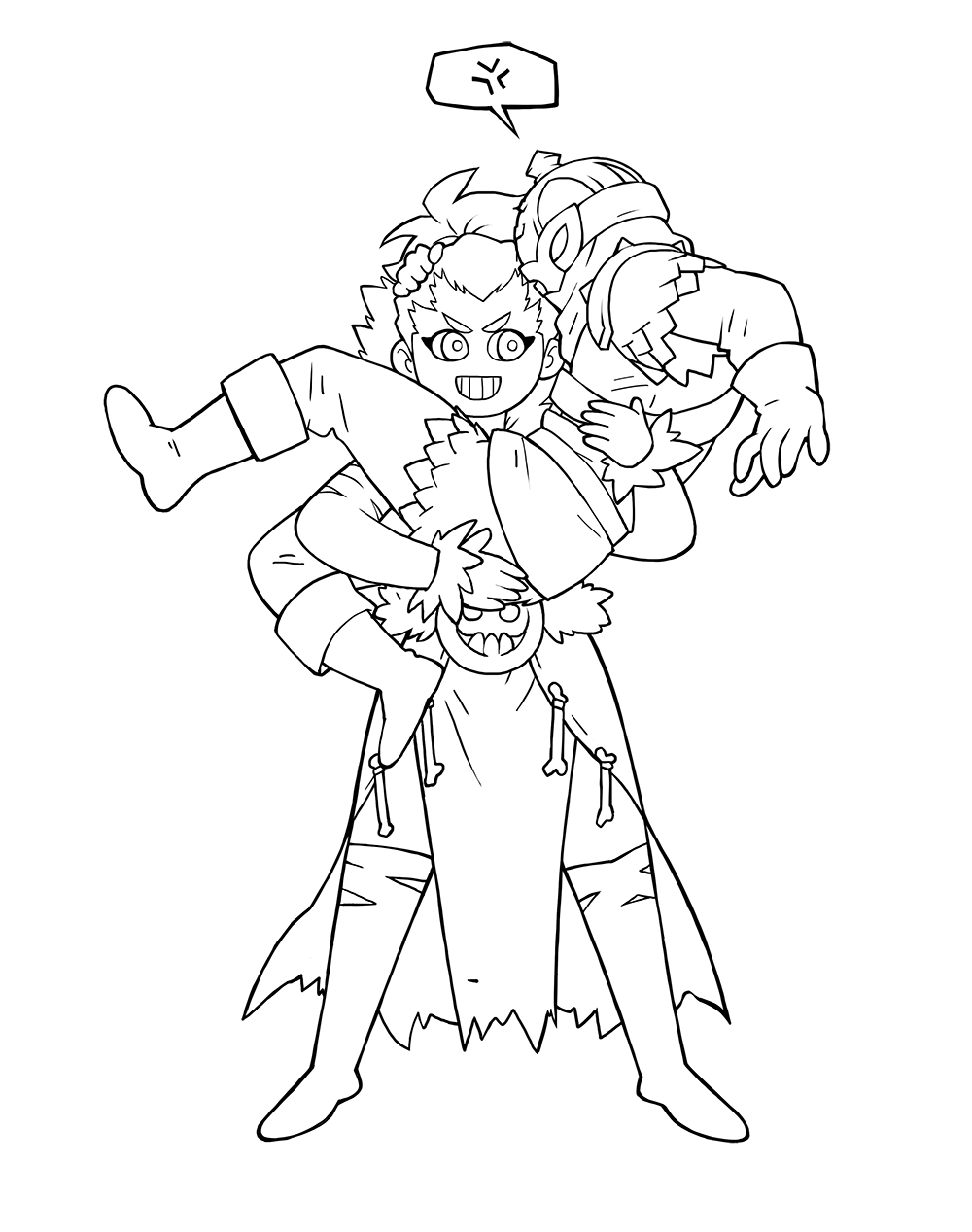 1boy 1girl armor bone boots bounty_hunter_(darkest_dungeon) carrying carrying_person darkest_dungeon greyscale hellion_(darkest_dungeon) highres monochrome reverse_princess_carry scale_armor thick_eyebrows varamill veil