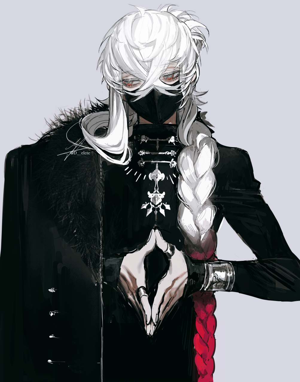 1boy artist_name asclepius_(fate) au_(d_elete) black_mask braid crossed_bangs fate/grand_order fate_(series) fingernails grey_background grey_eyes grey_hair highres jewelry long_hair looking_to_the_side male_focus mask mouth_mask own_hands_together ring sidelocks signature simple_background solo standing upper_body