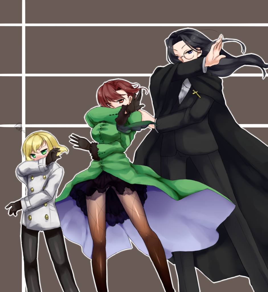 1girl 2boys aozaki_touko aozaki_touko_(mahou_tsukai_no_yoru) bad_id bad_pixiv_id black_eyes black_hair blonde_hair brown_eyes brown_hair coat cross cross_necklace fumizuka_eiri glasses green_eyes jewelry kamehima lugh_beowulf mahou_tsukai_no_yoru multiple_boys necklace pantyhose parody red_eyes red_hair steins;gate