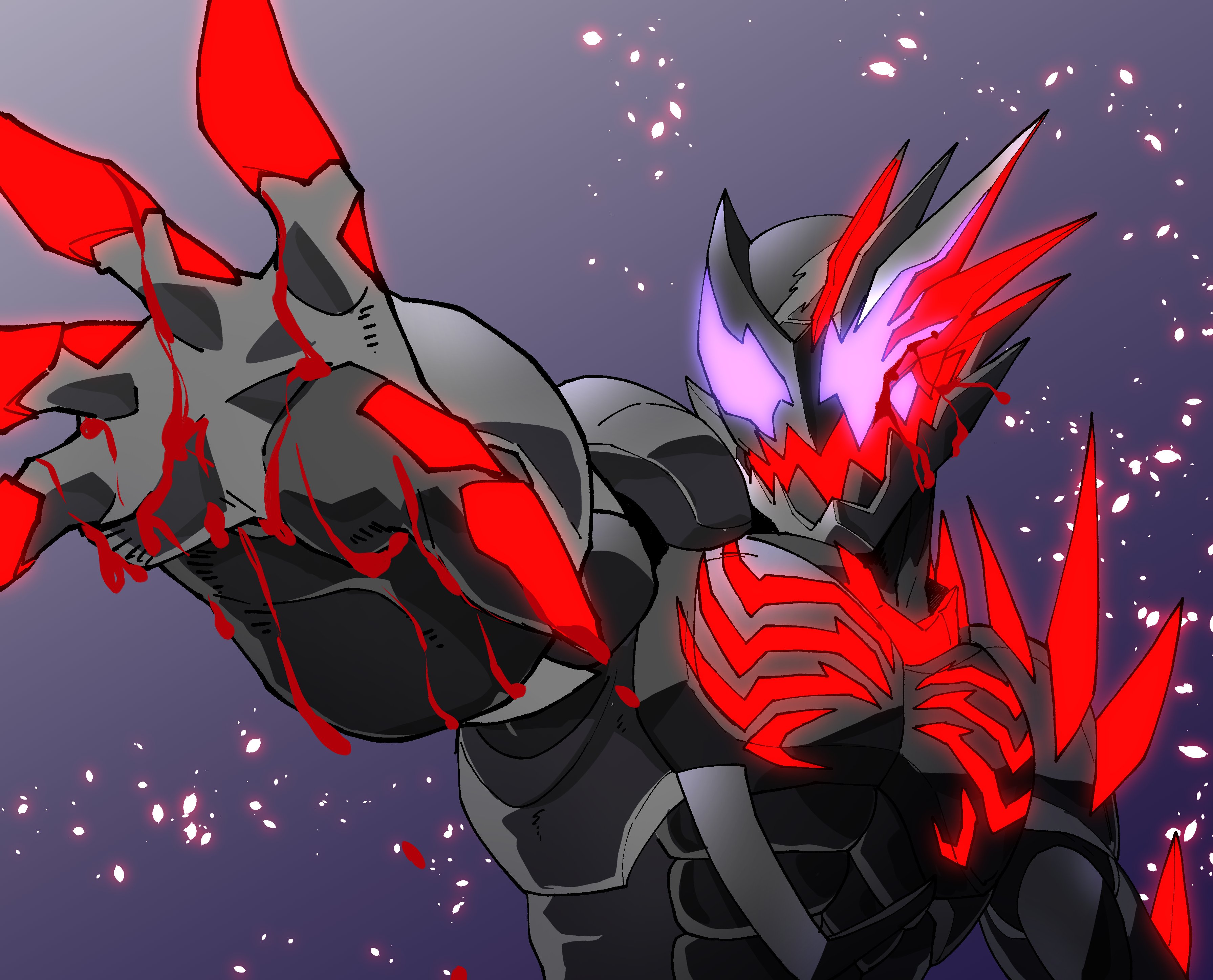 1boy absurdres amakawa_mayu armor asymmetrical_armor black_armor blood blood_on_hands crimson_vail demon demon_boy glowing glowing_armor glowing_eyes highres kamen_rider kamen_rider_revice kamen_rider_vail open_mouth outstretched_arms purple_eyes sharp_teeth splatter teeth upper_body zombie_pose
